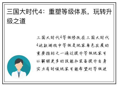 三国大时代4：重塑等级体系，玩转升级之道